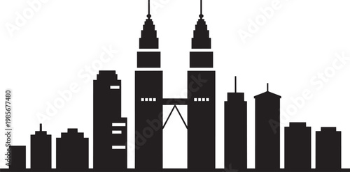 City view icon set with city lights, tall buildings, and twin towers for skyline and silhouette