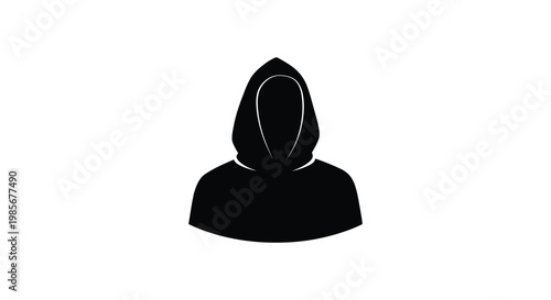A stark black silhouette of a hooded figure against a white background evokes mystery and anonymity silhouette