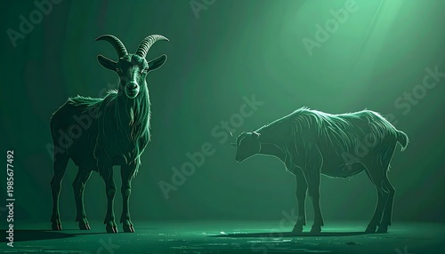 Two Goats in Dramatic Green Shadowed Landscape green background