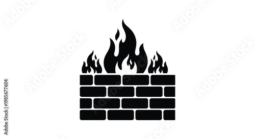 A black silhouette depicts flames rising over a brick wall symbolizing destruction or a protective barrier silhouette