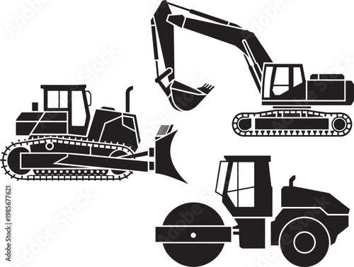 Collection of construction heavy machinery: excavator, bulldozer, and road roller