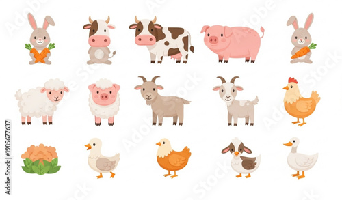 Farm animals vector set with cute rabbits holding carrots and livestock