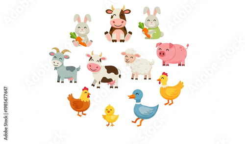 Cute farm animal collection with rabbits carrots cow pig and duck vector