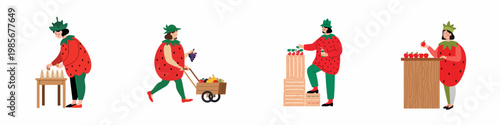 Set of cartoon characters in strawberry costumes performing various fruit-related tasks like selling, sorting, and transporting fresh produce.