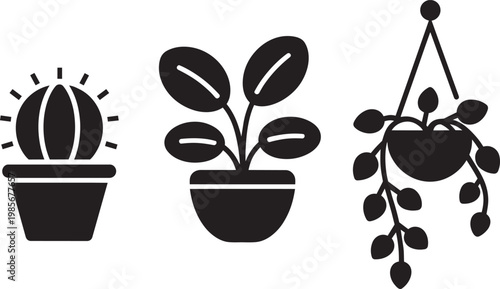 Collection of three potted houseplant silhouettes, including a cactus and hanging plant