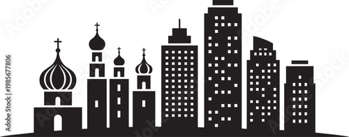 Diverse city skyline with traditional domes and modern skyscrapers, black silhouette