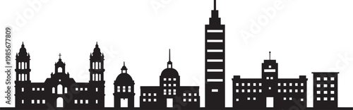 Diverse city skyline silhouette with churches and skyscrapers in monochrome in outline style