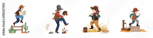 Set of illustrations featuring a young boy dressed as a cowboy in various Wild West themed activities like riding a stick horse and roping.