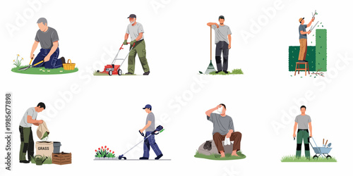 Set of Gardener Characters Performing Various Lawn Care and Landscaping Tasks Including Mowing, Trimming, Raking, and Hedging.