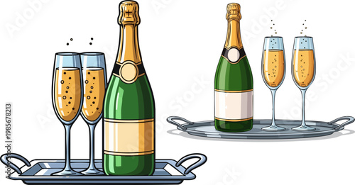 Champagne bottle and flutes on silver tray vector, sparkling wine glasses for celebration, luxury alcohol drink set for party events