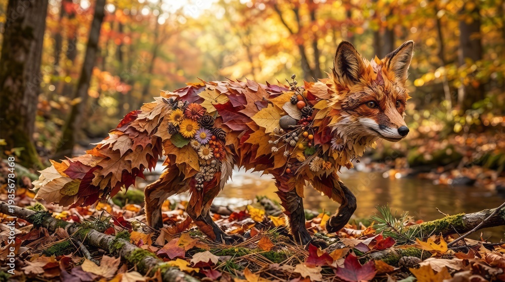 Obraz premium Autumn Fox Made of Leaves and Flowers Fox Autumn Leaves Flowers Forest Nature Wildlife. Concept featuring fox, autumn, leaves, flowers, forest for professional commercial design.