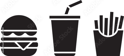 Hamburger, Drink with Straw, and French Fries Icon in outline style for fast food and junk food