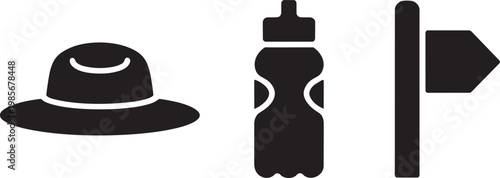 Hat, Water Bottle, and Direction Sign Icons Representing Travel and Outdoor Activities