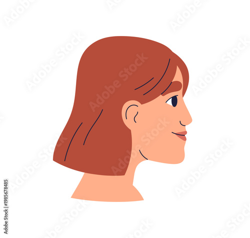 Woman in profile. Young smiling female, neutral face expression, side view. Girl head. Adult character, short hair, turned look. Flat vector illustration isolated on white background