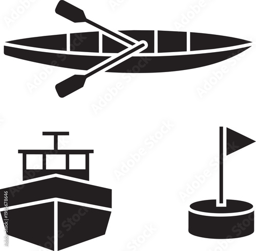 Kayak with paddles, cargo ship, and buoy with flag illustration in outline style