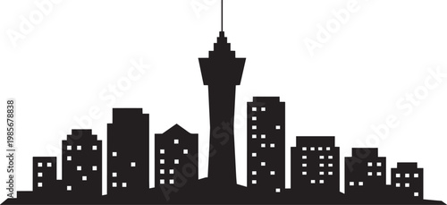 Modern city skyline silhouette with tall tower and various buildings, flat design