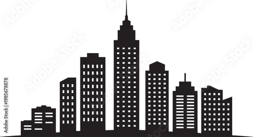 Modern city skyline silhouette with various skyscrapers and buildings, graphic vector