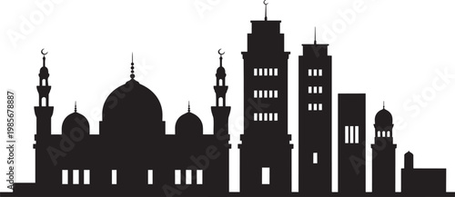 Mosque and modern buildings silhouette vector illustration, Islamic cityscape skyline