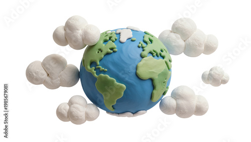 Handmade clay Earth globe with fluffy clouds, isolated on transparent background