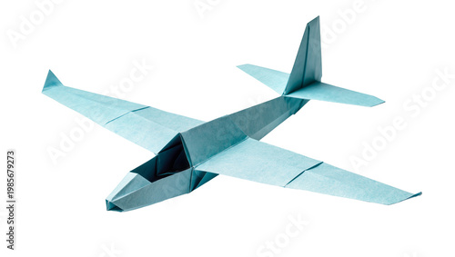 Light blue origami glider airplane with folded paper wings, isolated on transparent background