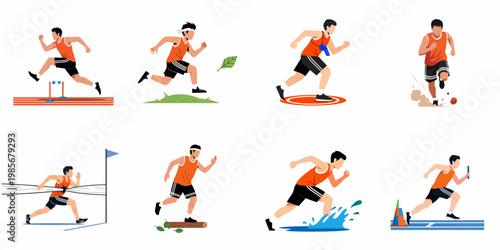 Set of flat vector illustrations depicting a male athlete in various track and field activities like sprinting, hurdling, and relay racing.
