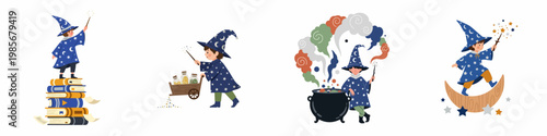 Whimsical illustrations of a little boy dressed as a wizard performing magic with books, crystals, a cauldron, and a crescent moon.
