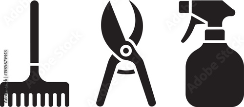 Rake, pruning shears, and spray bottle illustration for garden tools and white background