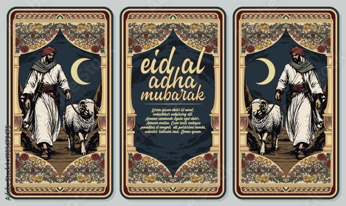Persian Floral Eid al Adha Mubarak Card with Arab Man and Sheep Illustration Template