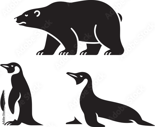 Polar bear and penguins and seal illustration in outline style for stylized and silhouette