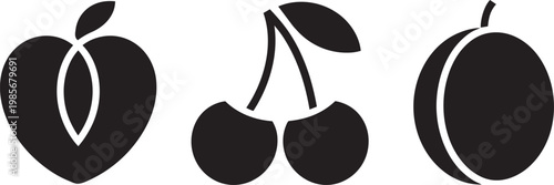 Three simple fruit icons: apple, cherries, and plum in silhouette for single line and food