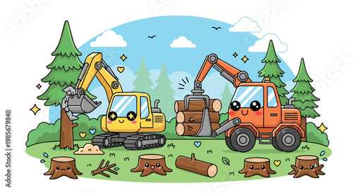 Colorful construction site scene with excavators and trucks working among trees and logs in a natural environment