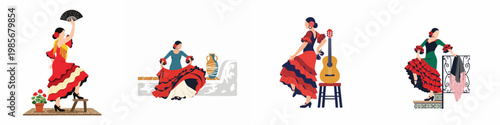Set of illustrations featuring women in traditional Spanish flamenco dresses performing dance movements with cultural symbols like guitars, fans, and shawls.
