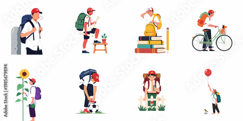 Flat vector illustration set of an elementary school boy in uniform engaged in various activities like studying, cycling, gardening, and outdoor exploration.