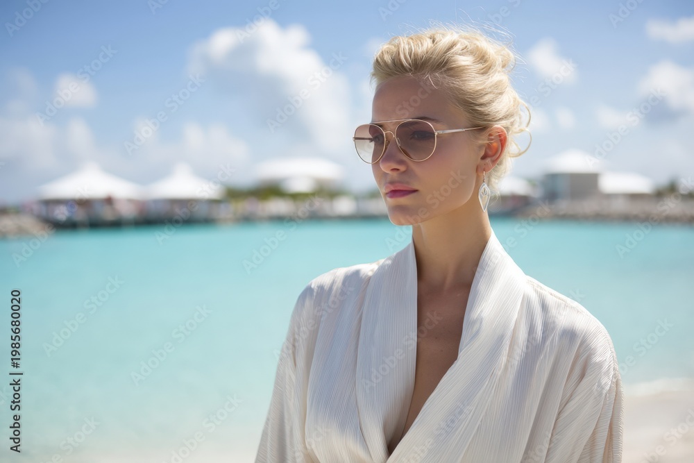 Fototapeta premium Stylish woman in sunglasses and white robe standing by turquoise sea on a sunny tropical beach
