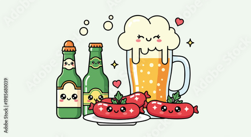 Cute cartoon illustration of three bottles of beer with frothy mugs and spicy sausages on a white background