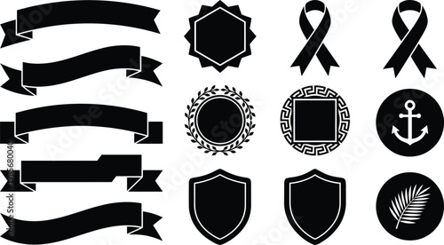 A collection of black silhouette design elements including banners ribbons shields and frames.