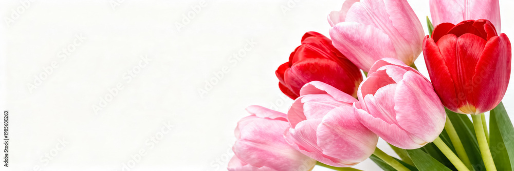 Fototapeta premium Bouquet of Pink and Red Tulips on White Background
