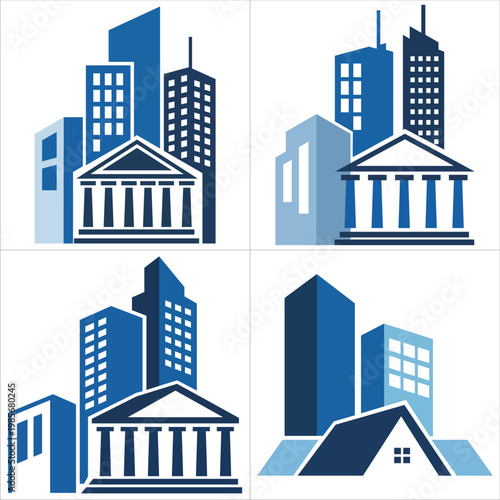 Modern Cityscape and Bank Building Illustration Set with Skyscrapers and Residential Architecture