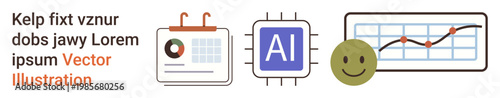 Artificial intelligence, business productivity, data analysis, growth tracking, digital calendars, and mood . AI chip, line chart calendar and happy face icons. AI and business productivity