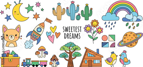 Sweetest dreams collection of hand drawn elements for kids featuring space nature and animals