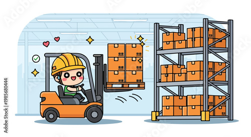 Cartoon warehouse worker operating forklift to move boxes and organize storage shelves in a logistics facility