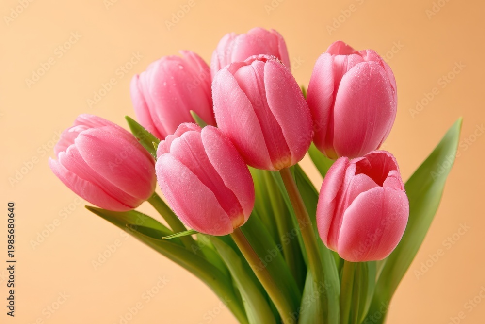 Fototapeta premium Pink tulip bouquet with fresh green leaves against a soft peach background