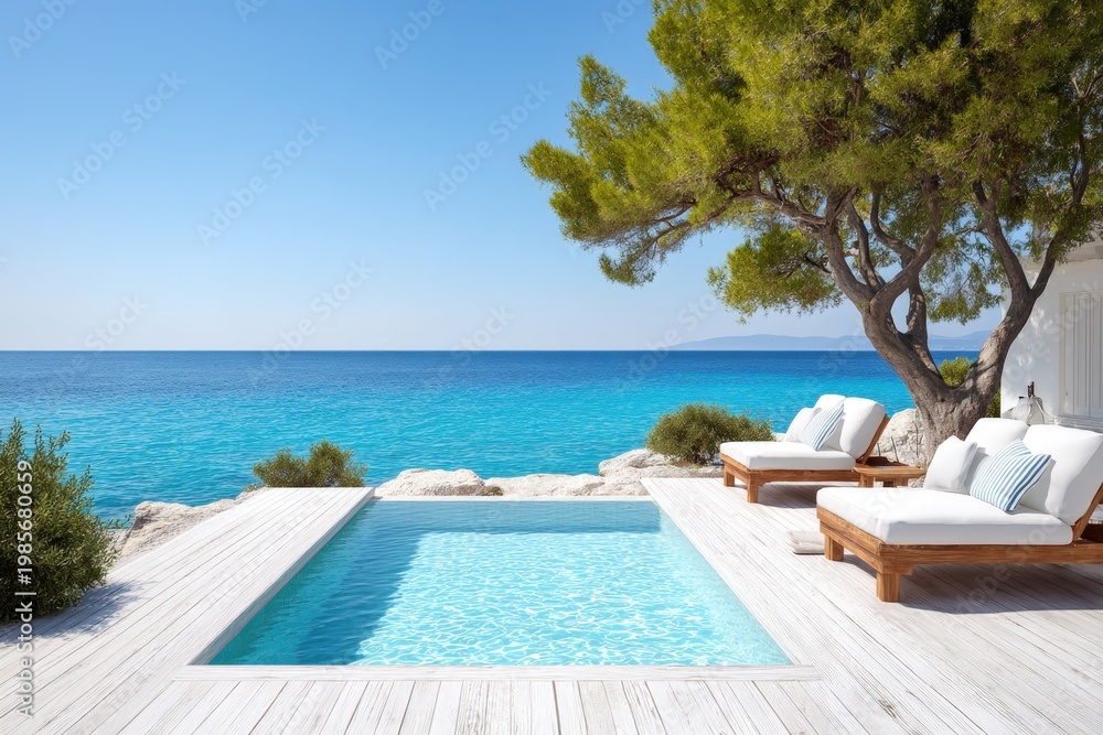 Fototapeta premium Luxury seaside pool terrace with white sun loungers, turquoise water and pine tree overlooking calm blue ocean under clear summer sky