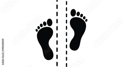 A pair of black footprints are displayed against a white background showing distinct toe and heel shapes silhouette