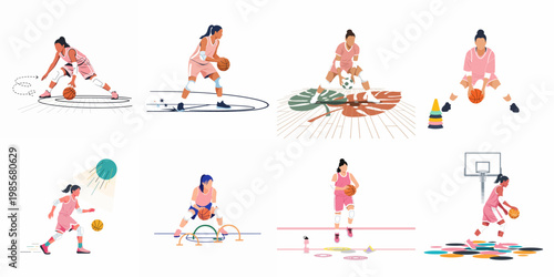 Set of illustrations depicting a young female basketball player in pink uniform performing various basketball drills, training, and dribbling exercises.