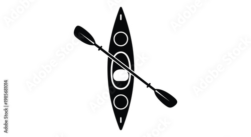 A minimalist top down view of a kayak and paddle featuring a bold black design silhouette high quality