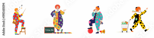 Illustrations of four circus clowns as school teachers, featuring a conductor, a classroom educator, a hall monitor, and a supplier with a cart.