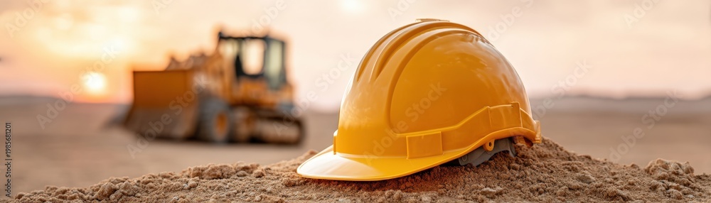 Fototapeta premium Yellow safety helmet on sandy construction site with blurred bulldozer at sunset