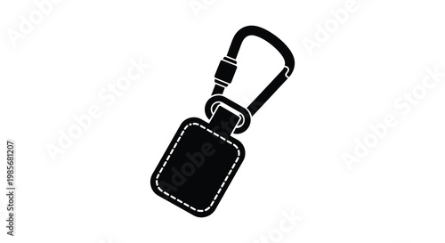 A minimalist black silhouette of a carabiner clip attached to a rectangular leather tag silhouette high quality professional