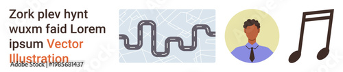 Navigation apps, business profiles, creativity, mapping, sound design, urban concepts. Winding road on map, man in tie musical note. Navigation and business profile